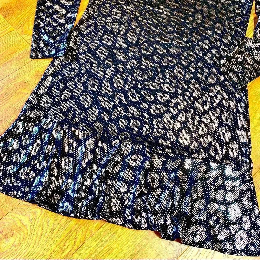 MICHAEL KORS BLACK & SILVER METALLIC LEOPARD PRINT SHIFT DRESS L NWT